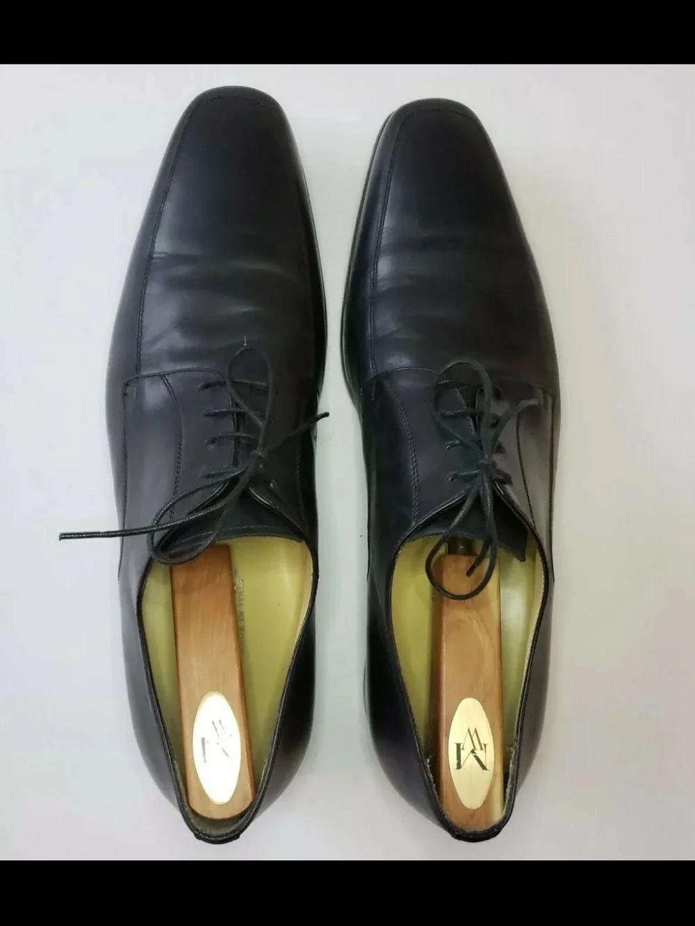 Men’s SANTONI Mens 10.5 Black Apron Toe Dress Derby Oxfords Italy